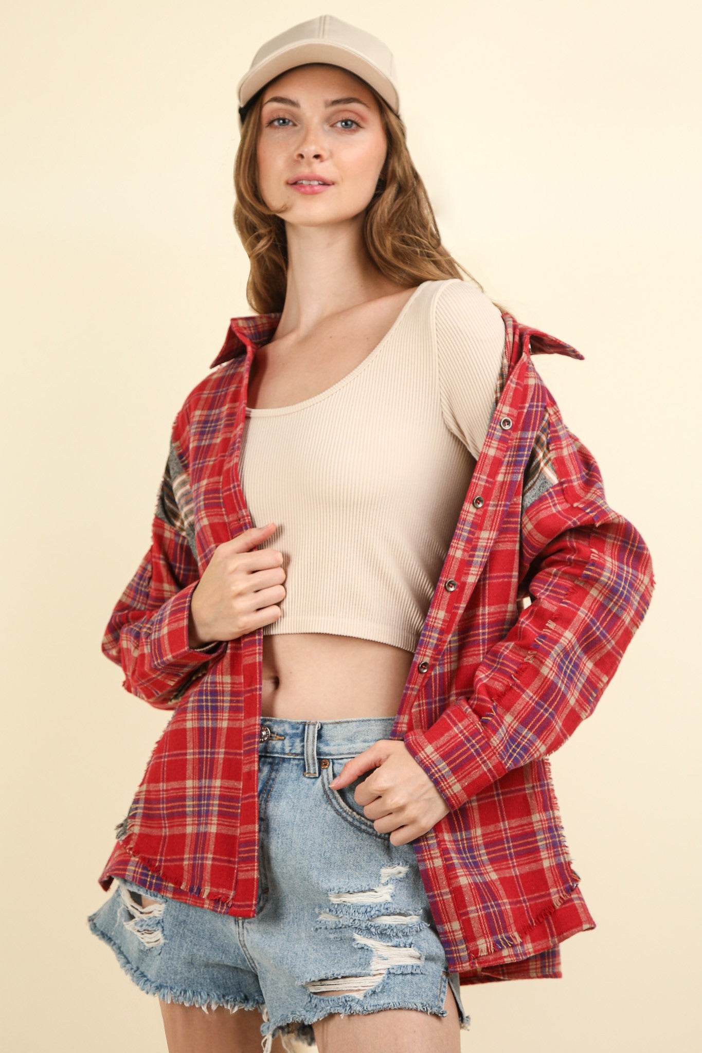 VERY J Contrast Plaid Pattern Frayed Detail Long Sleeves Oversized Shirt | Taupe