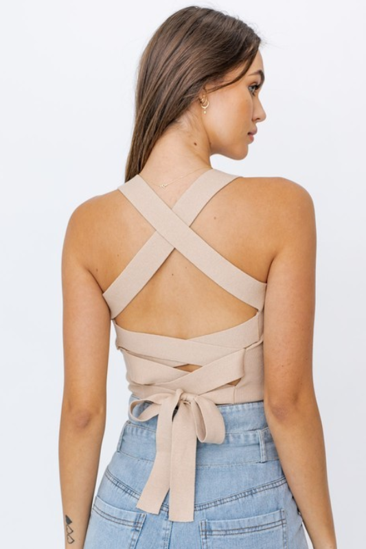 LE LIS Criss Cross Back Ribbed Knit Cropped Cami Top
