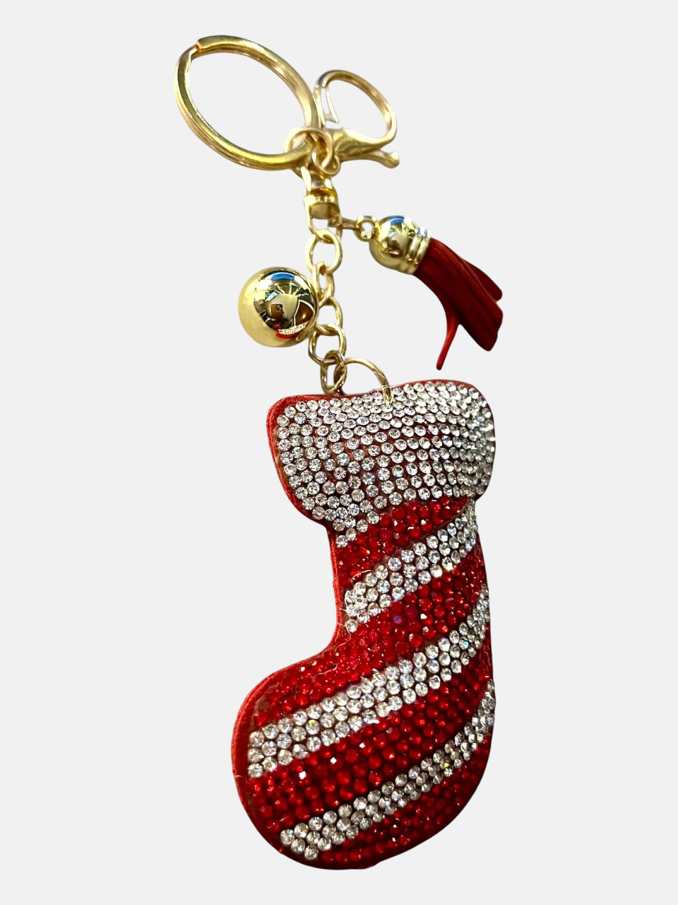 Adorable Crystal Christmas Stocking Pillow Puffy Tassel Keychain with Bag Charm
