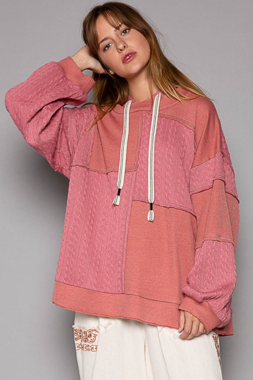 POL Exposed Seam Balloon Sleeves Drawstring Hooded Knit Sweatshirt | Mauve