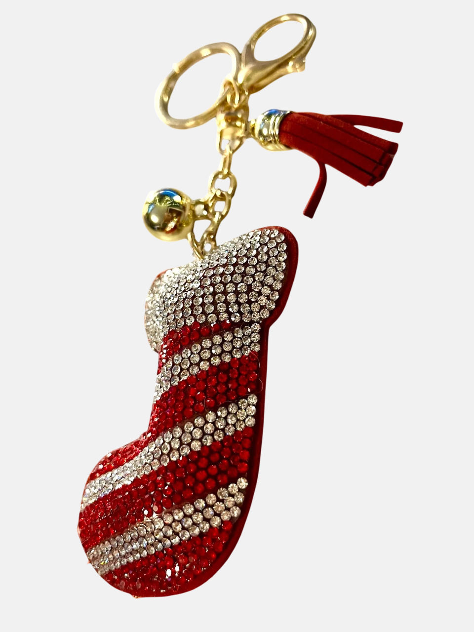 Adorable Crystal Christmas Stocking Pillow Puffy Tassel Keychain with Bag Charm