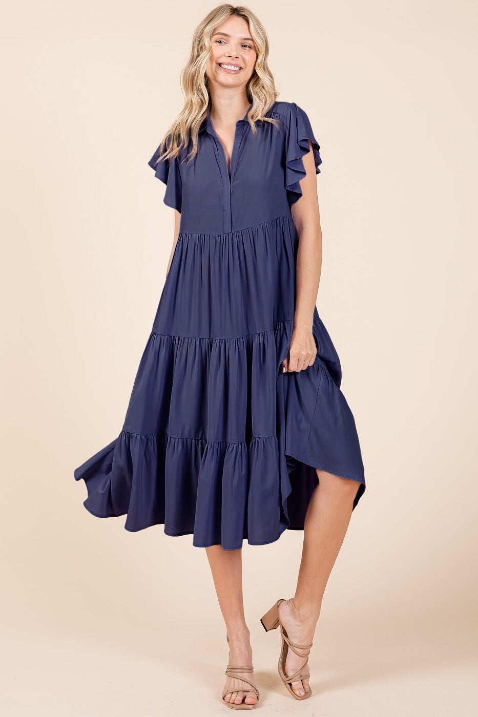 Mittoshop Ruffle Sleeve Collared V Neck Tiered Midi Dress | Dark Navy