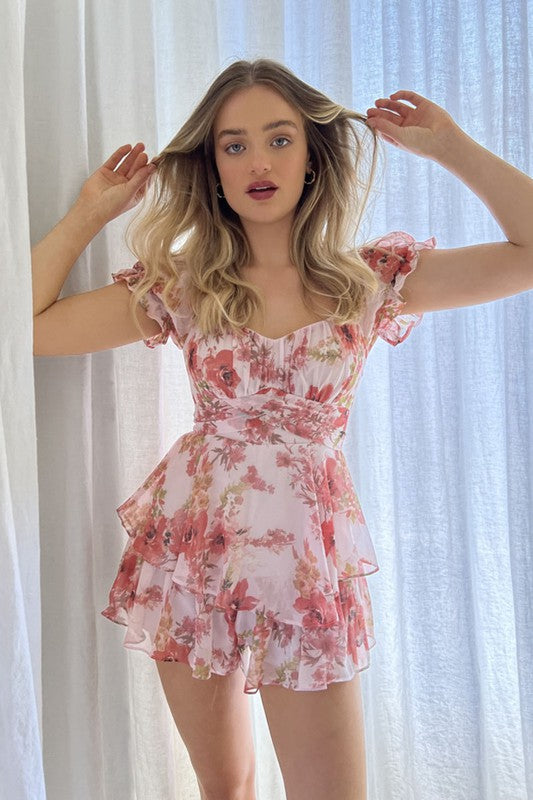 ONE & ONLY Floral Print Puff Sleeves Ruffle Tiered Mini Romper in Pink