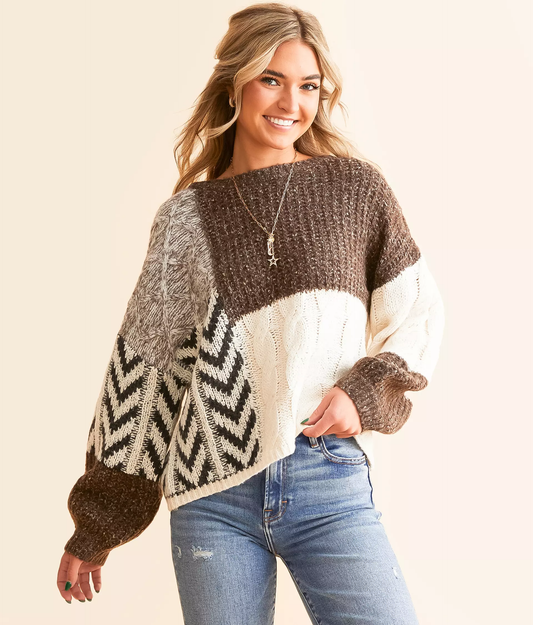 Threaded Pear Norah Knotted Back Detail Textured Knit Loose Fit Sweater | Brown