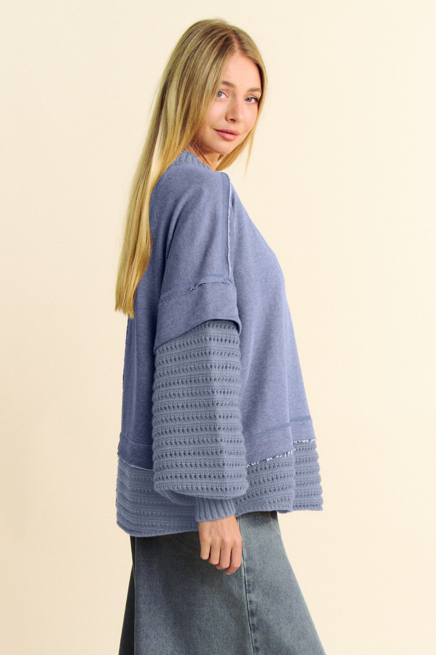 Davi & Dani Faux Layered Detail Round Neck Ribbed Knit Trim Sweater | Dusty Blue