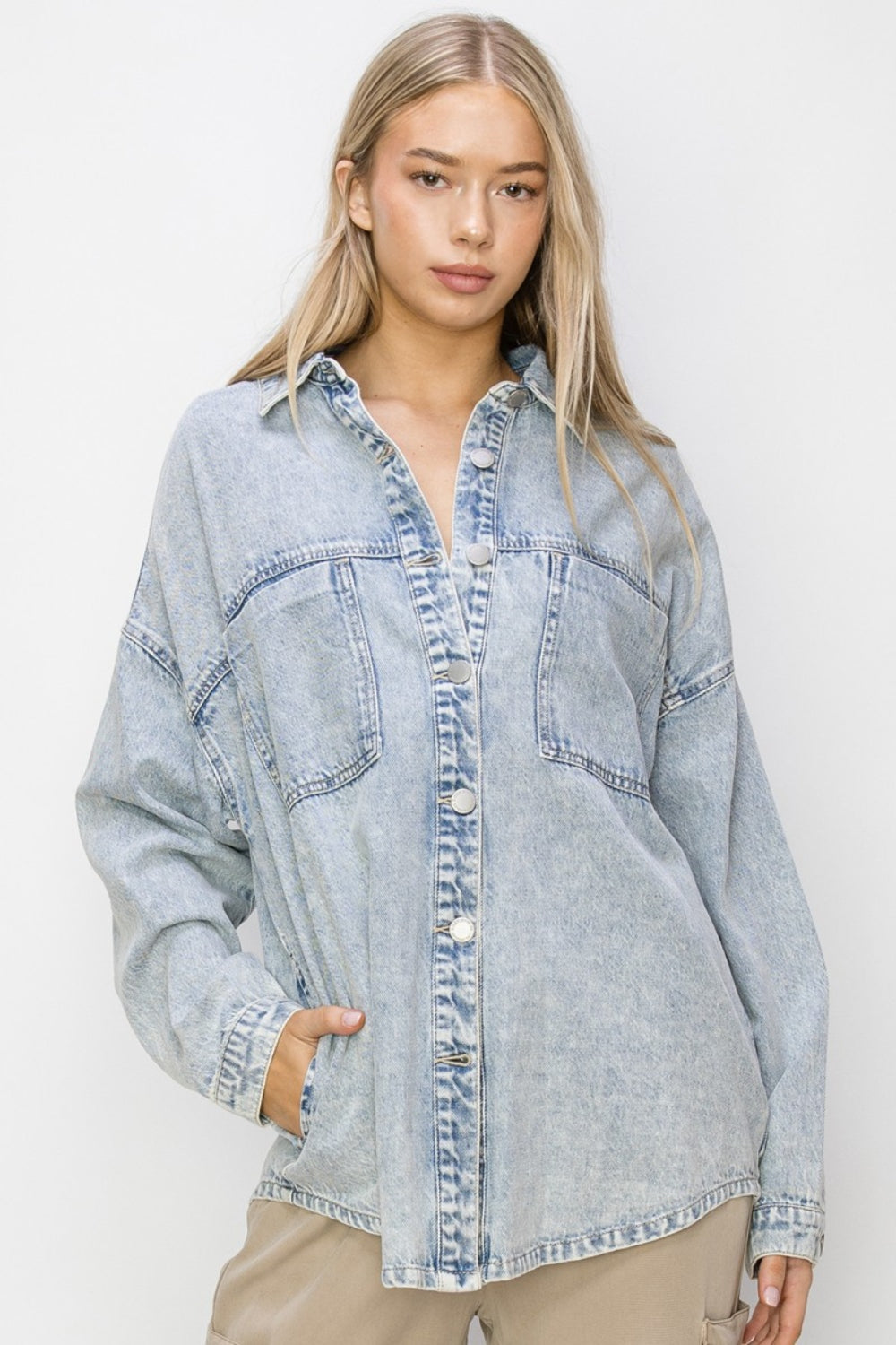 RISEN Oversized Button Up Long Sleeves Chest Pockets Light Wash Shacket