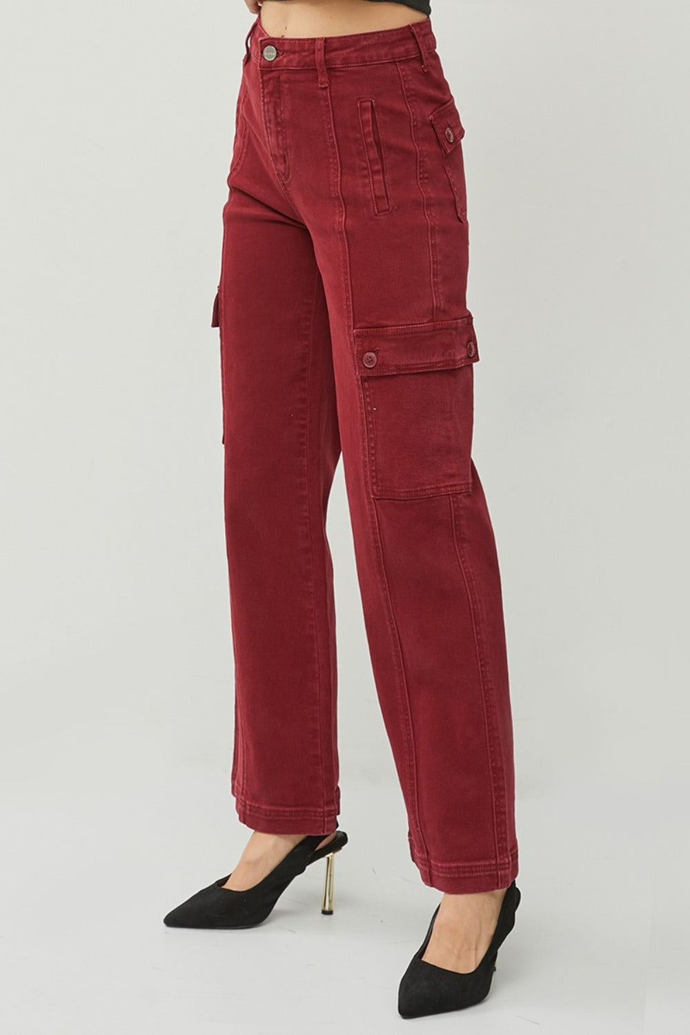 RISEN High Rise Cargo Pockets Zipper Fly Stretchy Wide Leg Denim Jeans | Wine