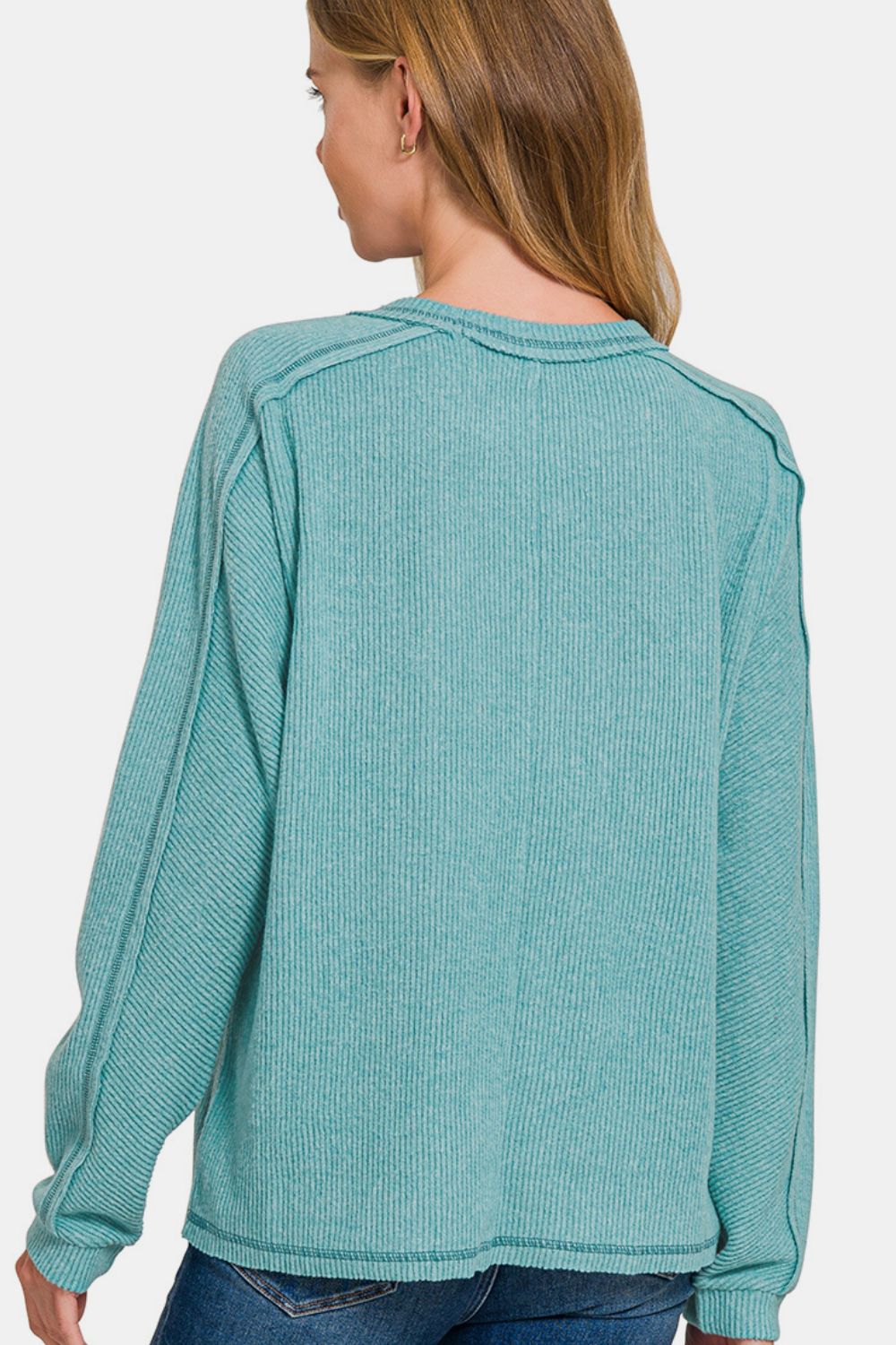 Zenana Contrast Stitching Brushed Ribbed Hacci Round Neck Knit Top | Dusty Teal