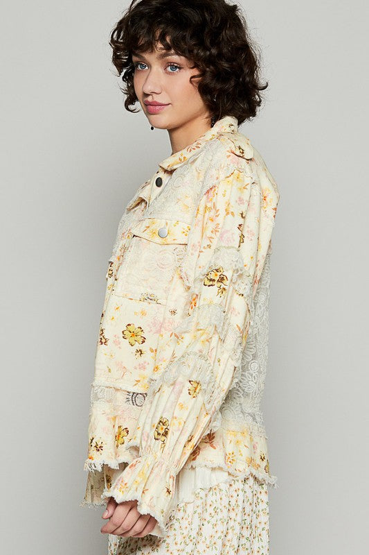 POL Vintage Washed Raw Hem Lace Patch Flounce Sleeves Pockets Jacket | Yellow