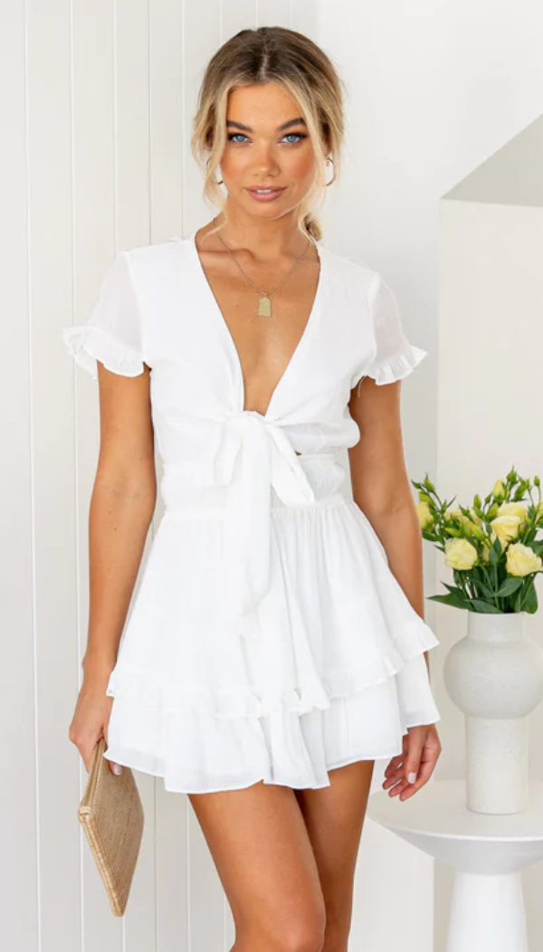 ONE & ONLY Ruffle Cap Sleeves V-Neck Tied Front Tiered Mini Romper