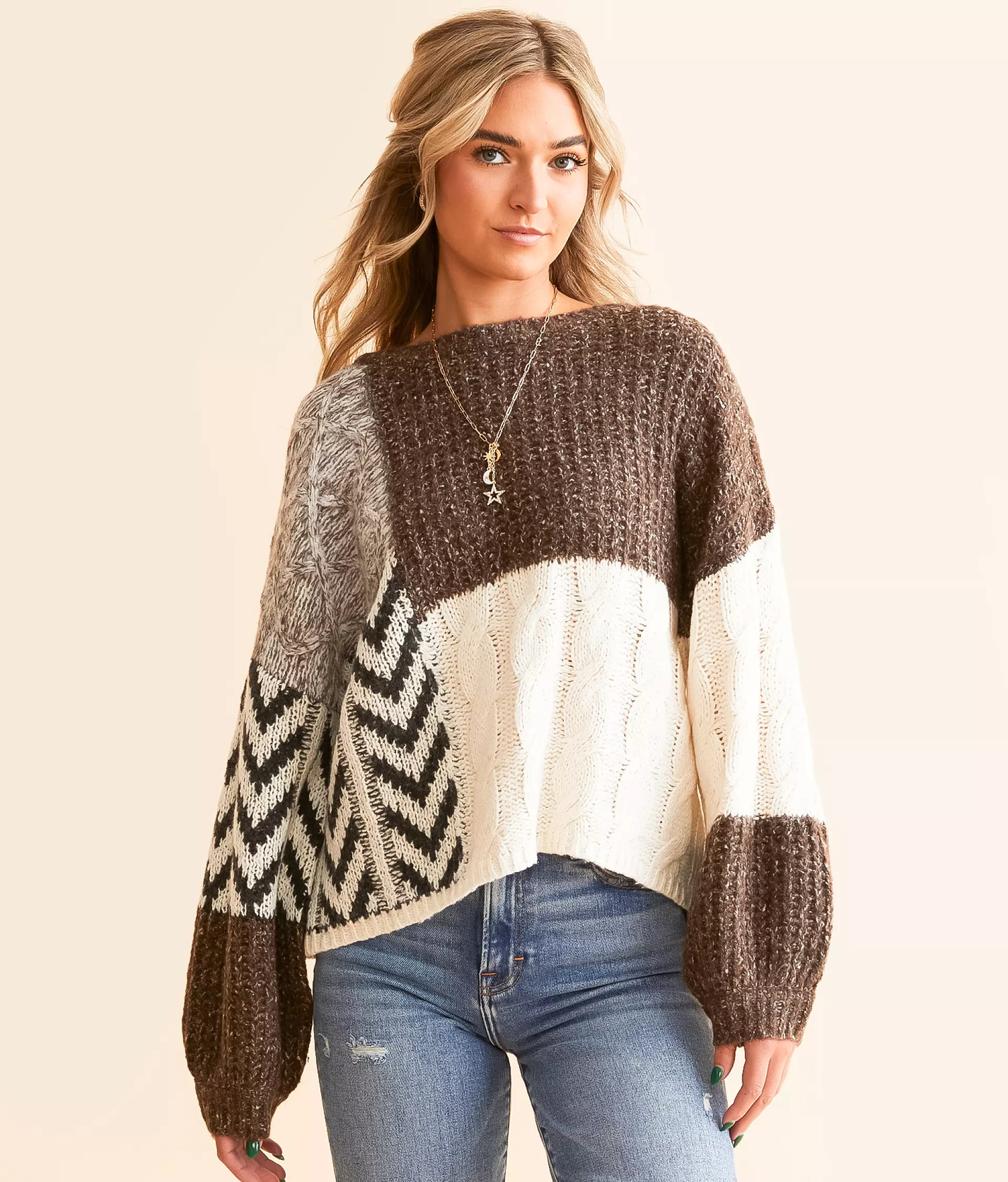 Threaded Pear Norah Knotted Back Detail Textured Knit Loose Fit Sweater | Brown