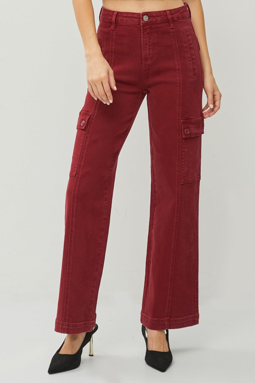 RISEN High Rise Cargo Pockets Zipper Fly Stretchy Wide Leg Denim Jeans | Wine