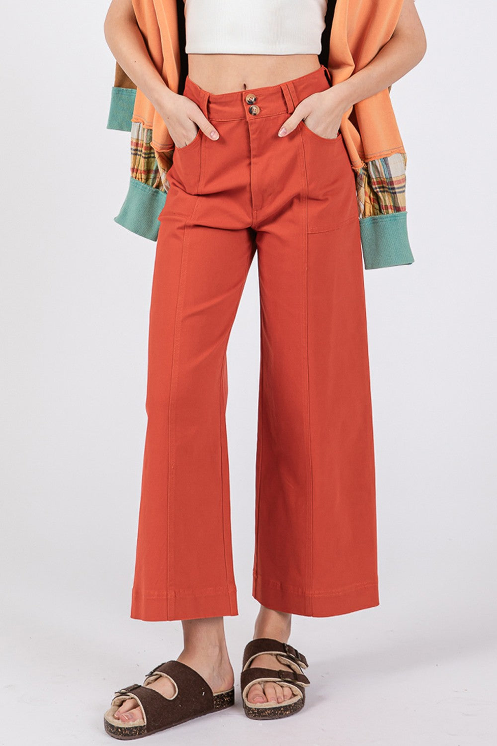 SAGE + FIG Adjustable Button Closure Pockets Wide Leg Cropped Pants | Cinnamon