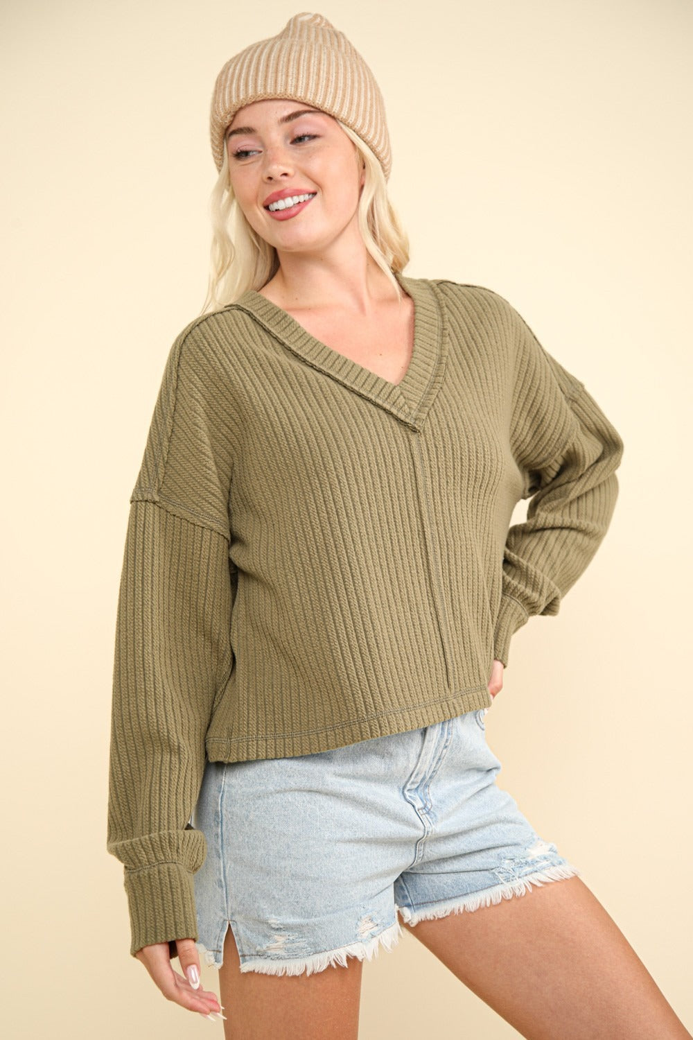 VERY J Exposed Seam V-Neck Long Sleeves Relaxed Fit Soft Ribbed Knit Top | Olive