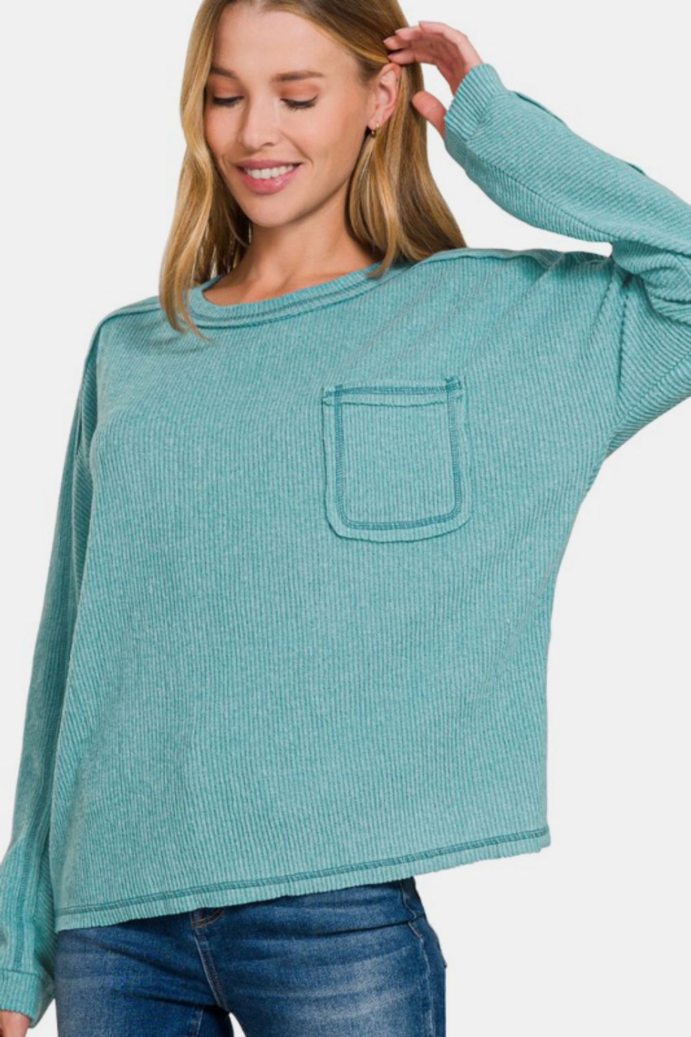 Zenana Contrast Stitching Brushed Ribbed Hacci Round Neck Knit Top | Dusty Teal