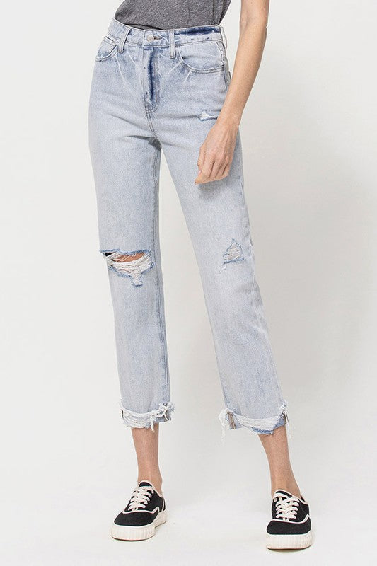 VERVET Minor Mishap Super High Rise Distressed Relaxed Cuffed Straight Jeans