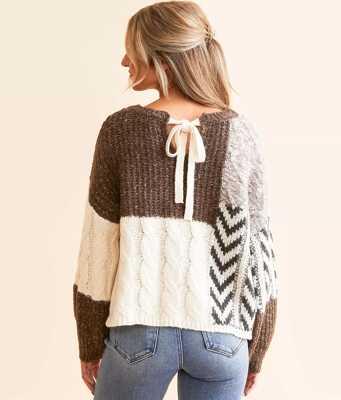 Threaded Pear Norah Knotted Back Detail Textured Knit Loose Fit Sweater | Brown