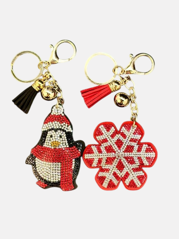 Adorable Rhinestone Snowflake Holiday Pillow Puffy Tassel Keychain Bag Charm