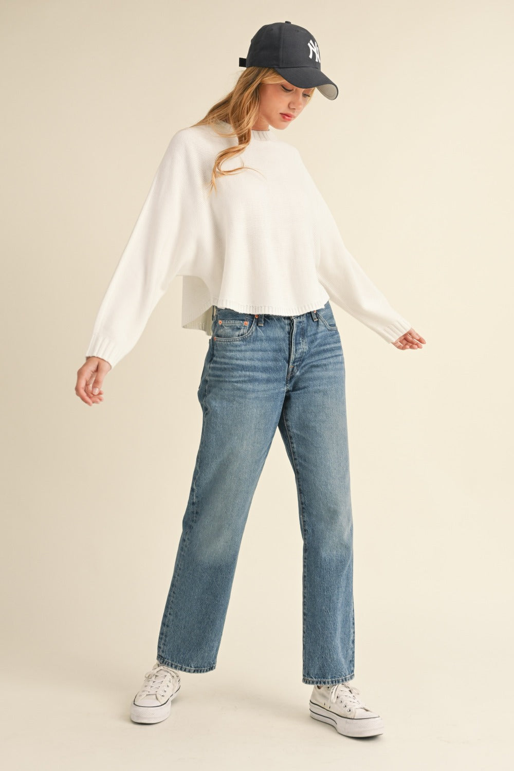 MABLE Round Neck Dolman Sleeves Relaxed Fit Cropped Pullover Sweater | Off White