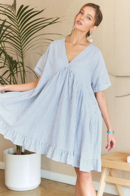 ADORA Ruffled Hem Striped V-Neck Striped Pattern Babydoll Dress | Light Blue