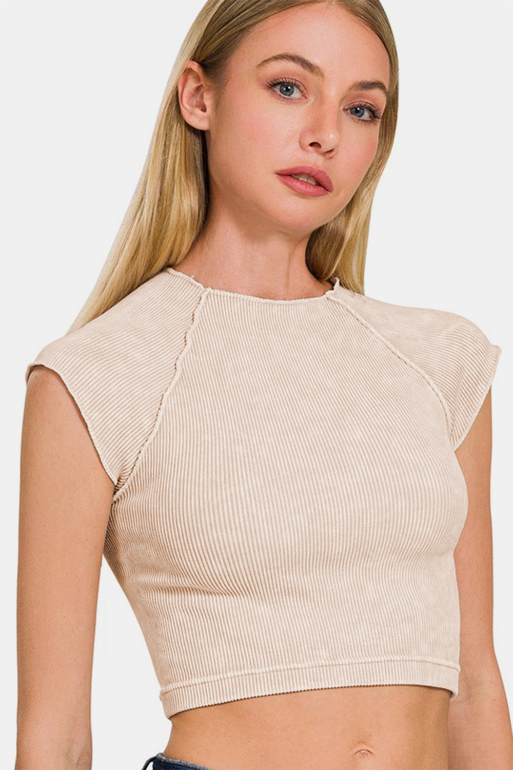 Zenana Stone Washed Ribbed Round Neck Raglan Sleeves Cropped Top | Sand Beige