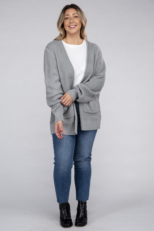 ZENANA Plus Low Gauge Waffle Oversized Open Front Sweater Cardigan