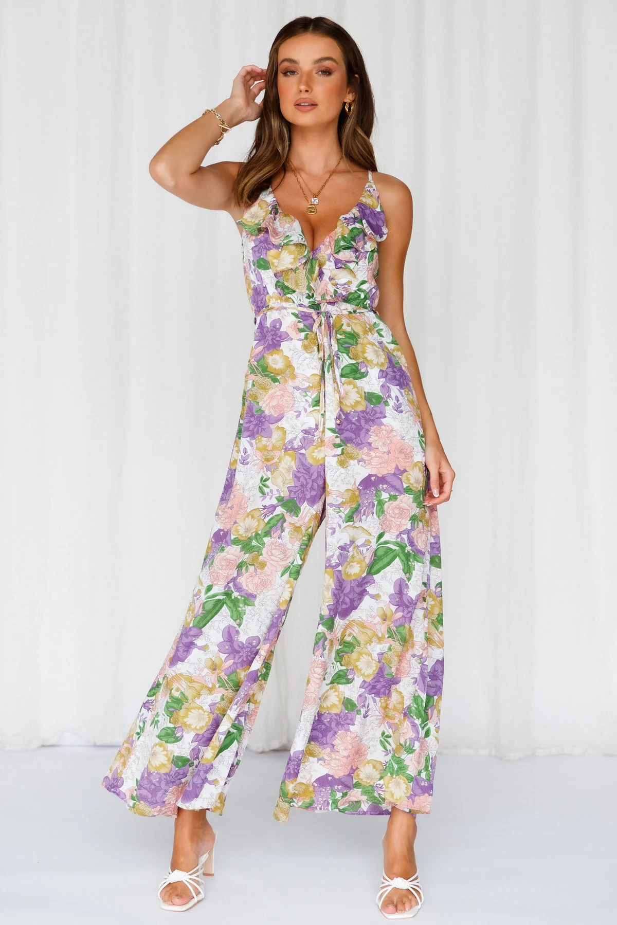 ONE & ONLY Floral Print Ruffle Cami Wide Leg Jumpsuit with Pockets in Purple