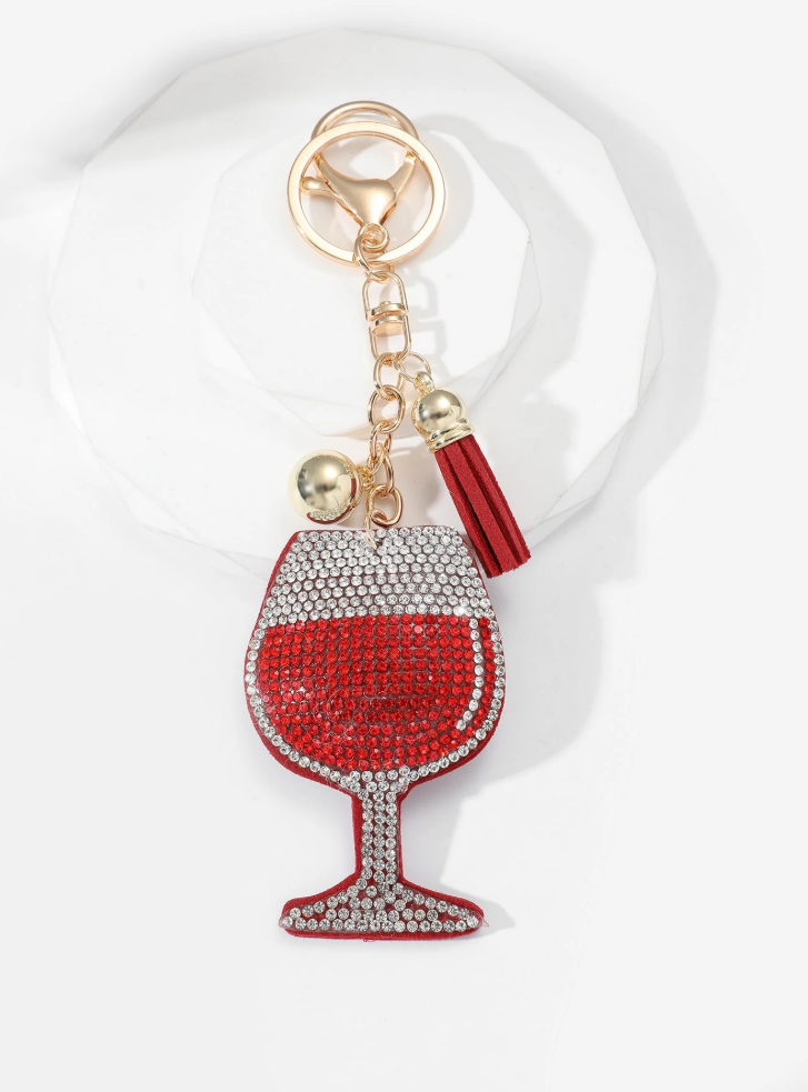 Adorable Crystal Wine Glass Pillow Puffy Tassel Christmas Keychain Bag Charm
