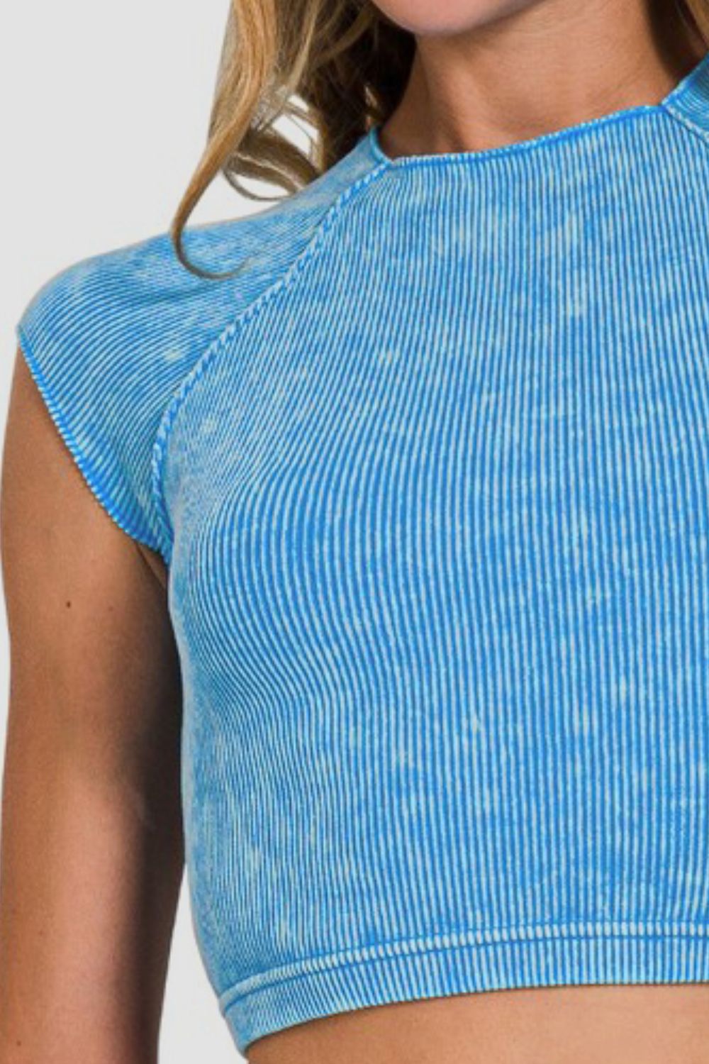 Zenana Stone Washed Ribbed Round Neck Raglan Sleeves Cropped Top | Sky Blue