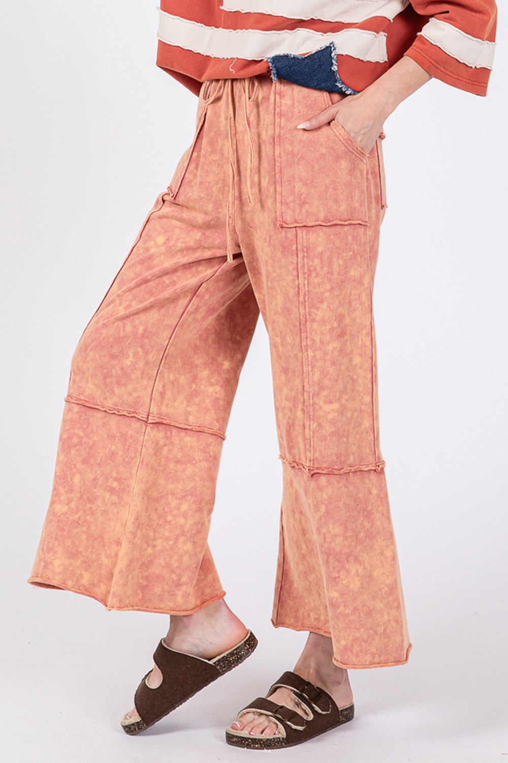 SAGE + FIG Mineral Washed Elastic Waist Terry Knit Wide Leg Pants | Raspberry