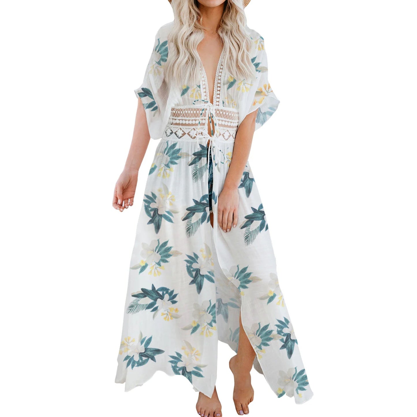 Chiffon Floral Print Lace Trim Cover Up Longline Beachwear | Size XL