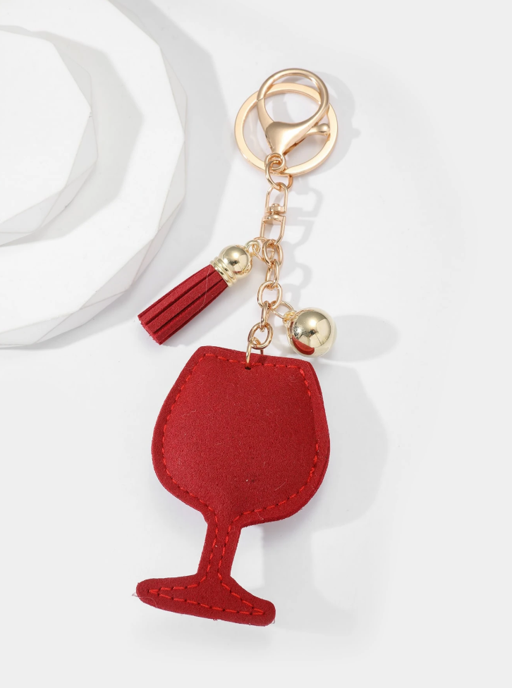 Adorable Crystal Wine Glass Pillow Puffy Tassel Christmas Keychain Bag Charm