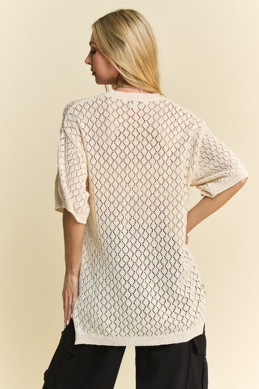 Davi & Dani Side Slit Openwork Round Neck Half Sleeves Knit Cover Up Top | Cream