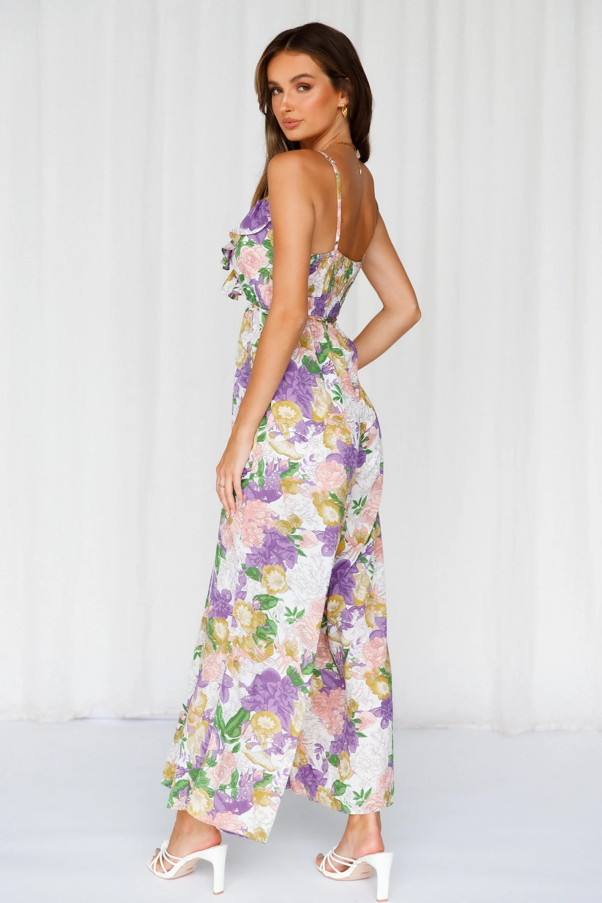ONE & ONLY Floral Print Ruffle Cami Wide Leg Jumpsuit with Pockets in Purple