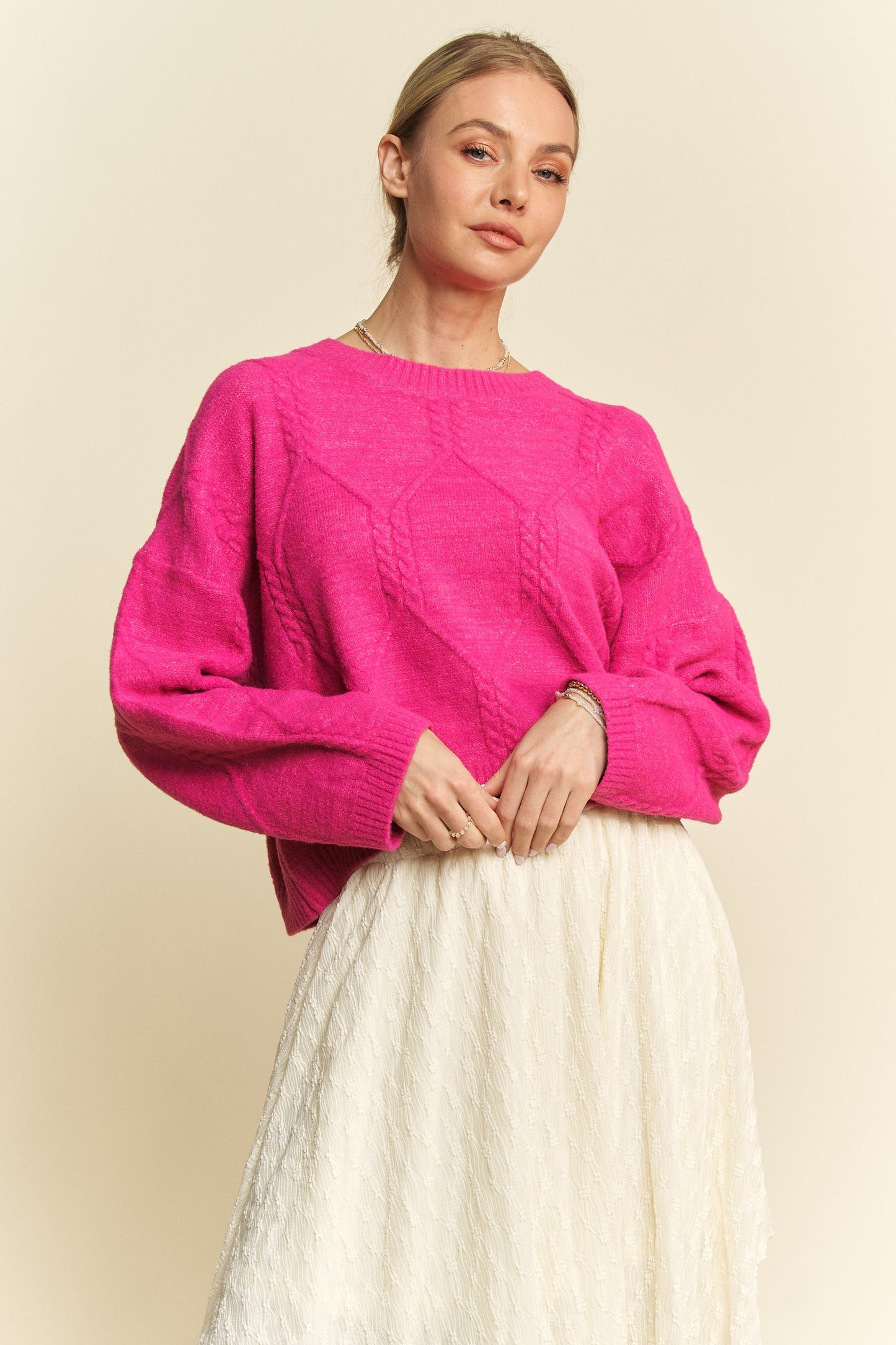 Davi & Dani Diamond Cable Pattern Drop Shoulder Cropped Knit Sweater | Pink