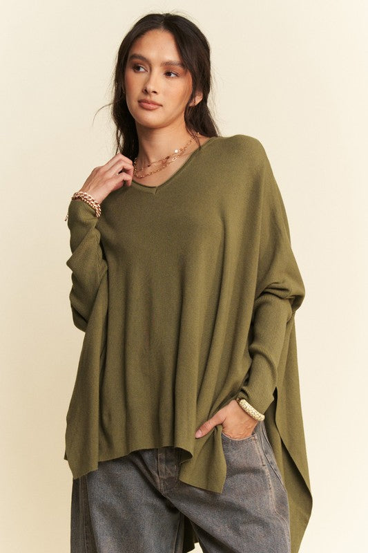 Davi & Dani High-Low Side Slit Batwing Sleeve Top | Olive