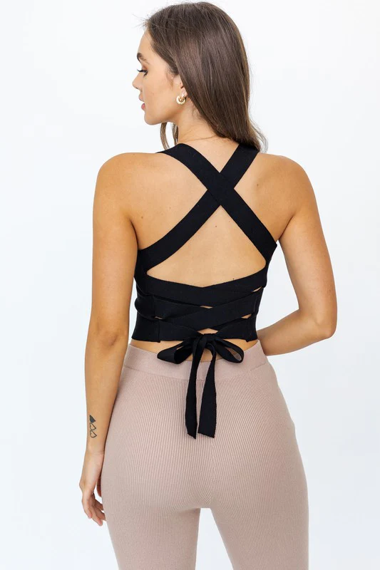 LE LIS Criss Cross Back Ribbed Knit Cropped Cami Top