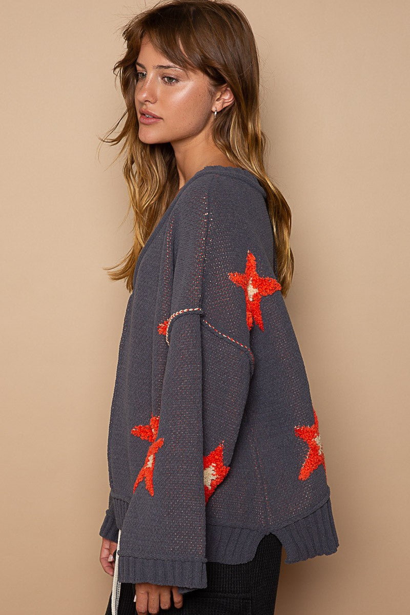 POL Relaxed Fit Long Sleeves Star Patch V-Neck Pullover Sweater | Charcoal