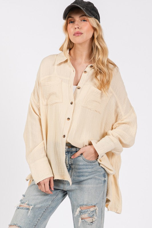 SAGE + FIG Frayed Hem Side Slit Button Down Shirt | Natural