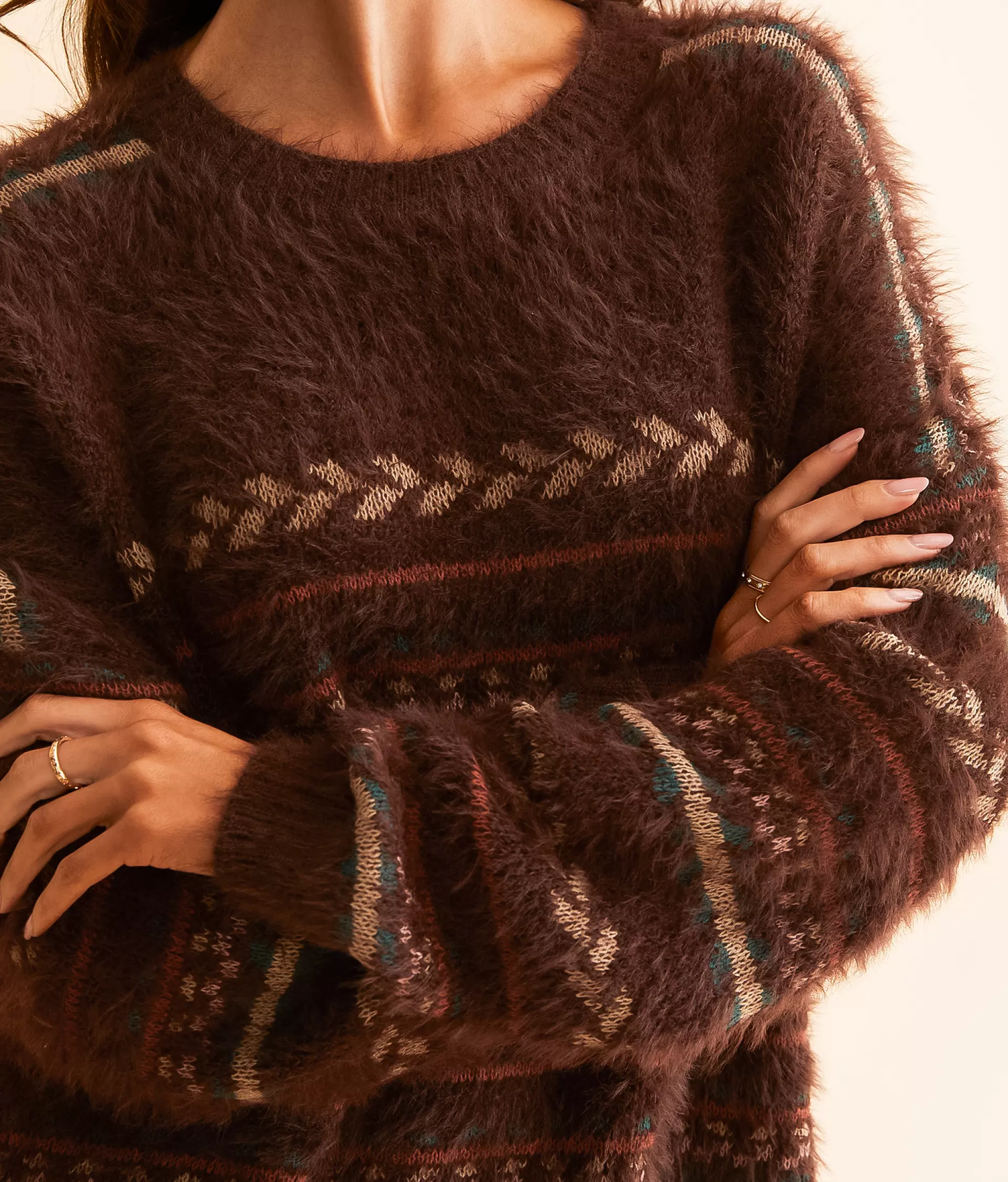 Threaded Pear Madison Ethnic Pattern Knitted Drop Shoulder Soft Sweater | Brown