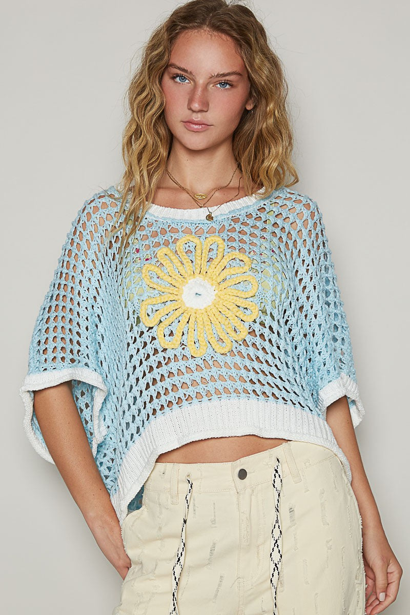 POL Hollow Out Flower Detail Half Sleeves Loose Knit Crochet Sweater | Blue