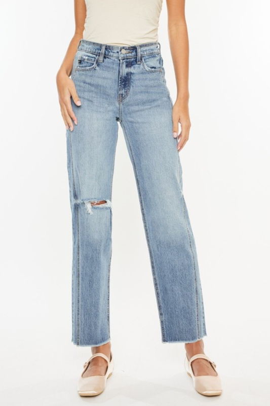 KanCan Ultra High Rise Distressed Knee Raw Hem Medium Wash Straight Denim Jeans