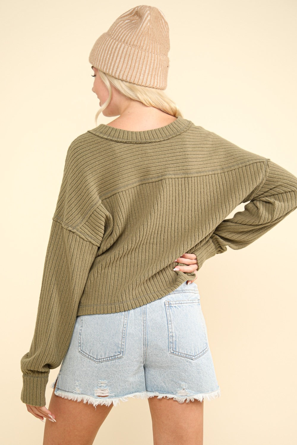 VERY J Exposed Seam V-Neck Long Sleeves Relaxed Fit Soft Ribbed Knit Top | Olive