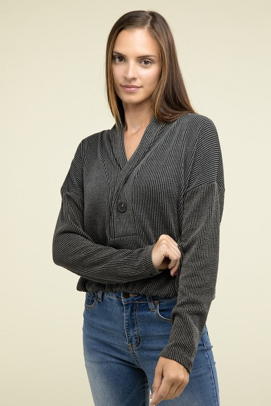 ZENANA Textured Line Elastic Waist Half Closure Front Pullover Top