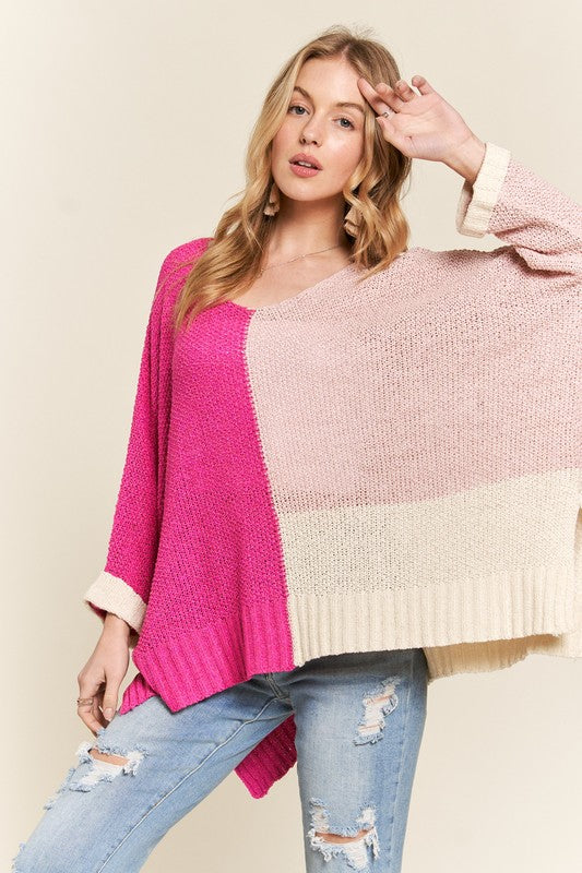 ADORA Side Slit Color Block Long Sleeves V-Neck Lightweight Sweater | Hot Pink