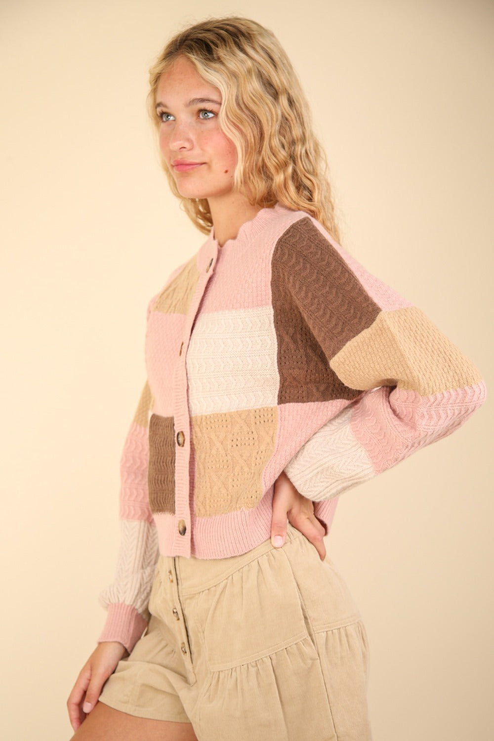 VERY J Color Block Button Down Textured Knit Cropped Sweater Cardigan | Blush