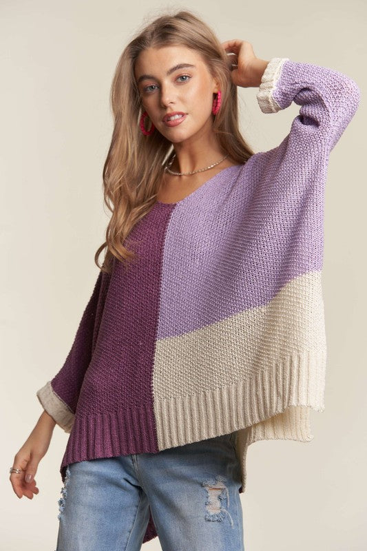 ADORA Side Slit Color Block Long Sleeves V-Neck Lightweight Sweater | Purple