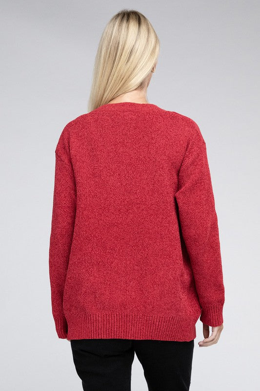 ZENANA Melange Open Front Sweater Cardigan with Pockets