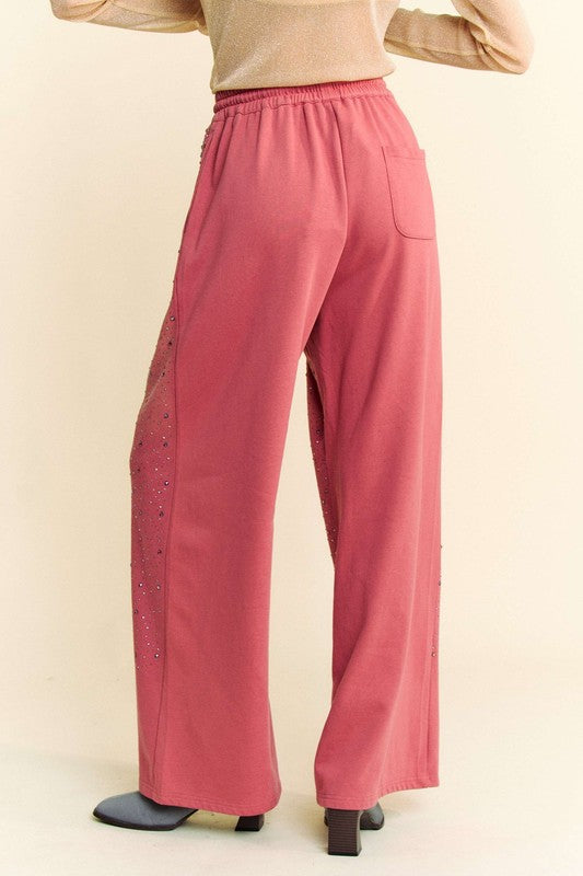 Davi & Dani Sparkling Rhinestone Pockets Drawstring Wide Leg Pants | Deep Rose