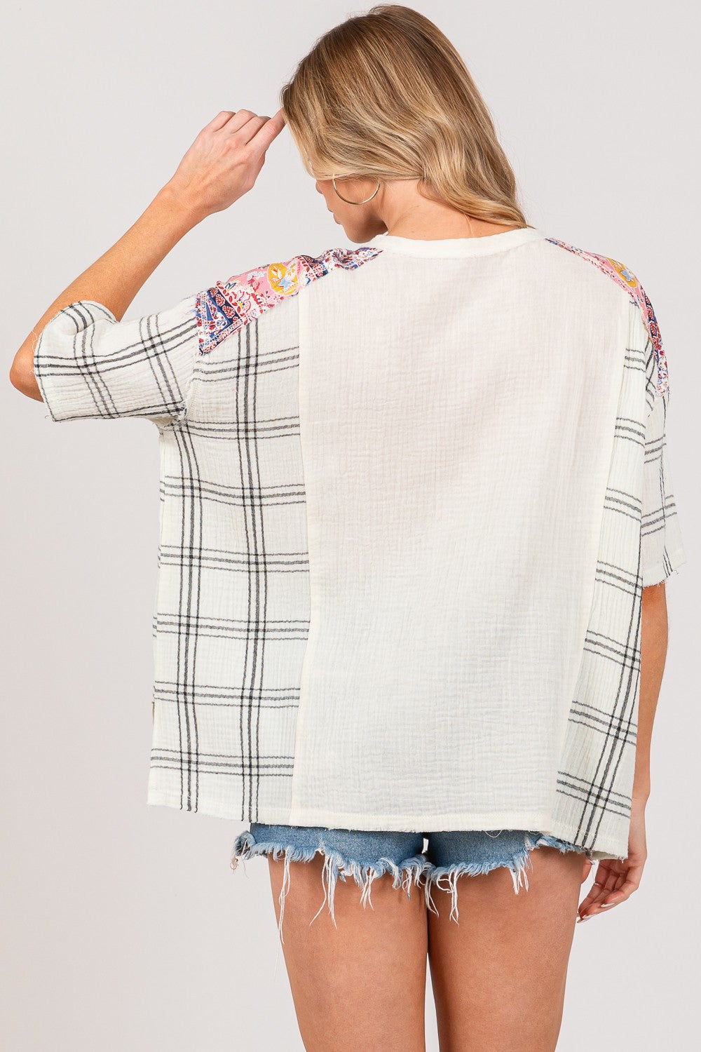 SAGE + FIG Plaid Pattern Half Button Gauze Short Sleeves Oversized Top | Ivory